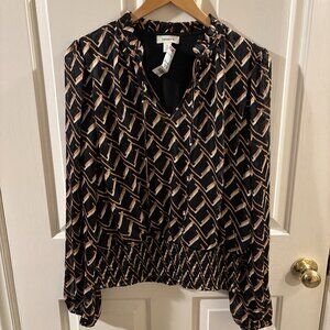 Tamara H. Women's Black and Tan V-Neck Geometric Long Sleeve Blouse ~ Lg ~ NWT